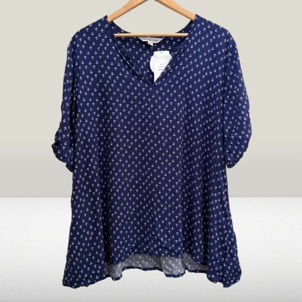 NEW La Mer Luxe Anchor Print Roll Tab Sleeve Top Anchor Print Navy Blue XL